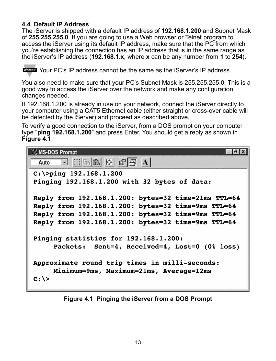 Omega C4EIT/-EIT manual Default IP Address, Pinging the iServer from a DOS Prompt 